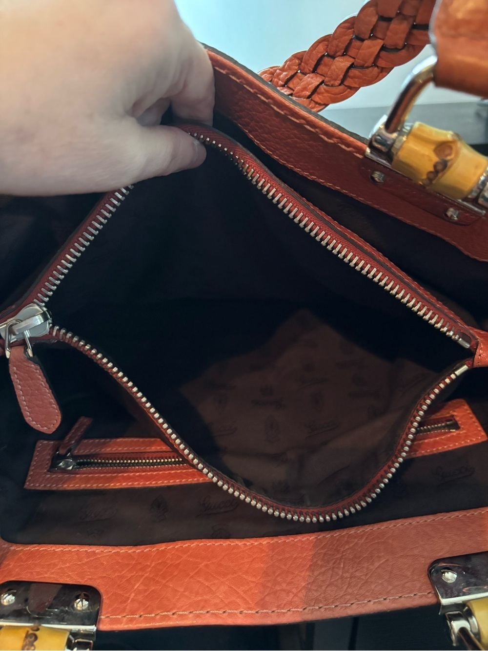 Auth Gucci Vintage Libeccio Medium Bamboo Bar Tote -Orange/Rust Pebbled Leather - Picture 15 of 16